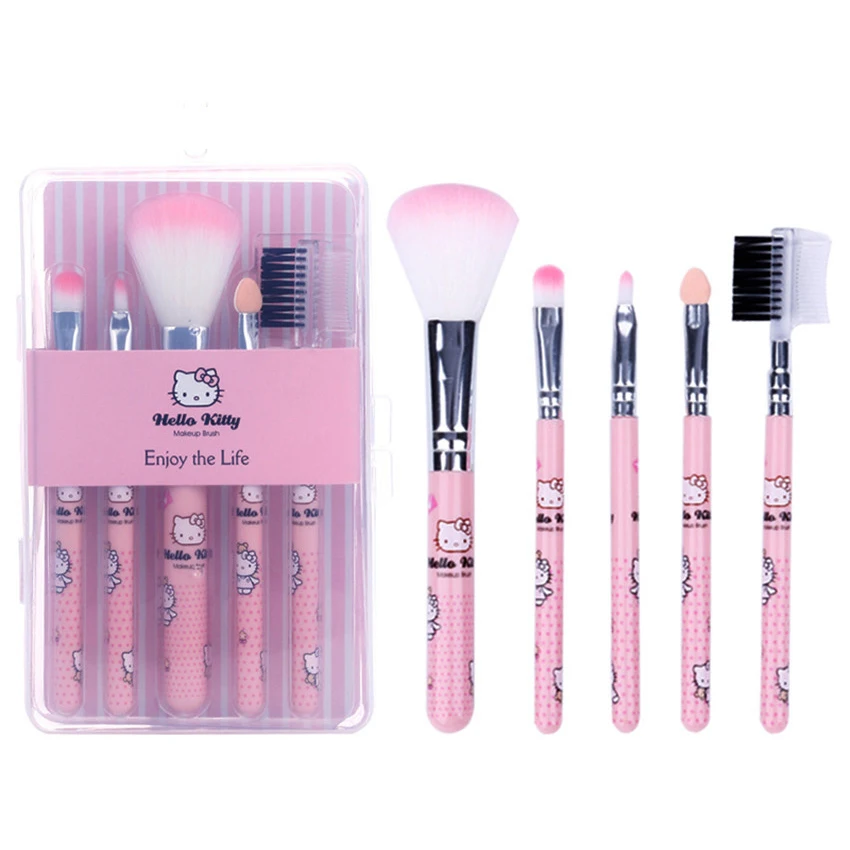 5pcs cute kitty Pink makeup brushes set pink kids make up blush eye shadow lip eyebrow eyelashes kit clear box cosmetic tool