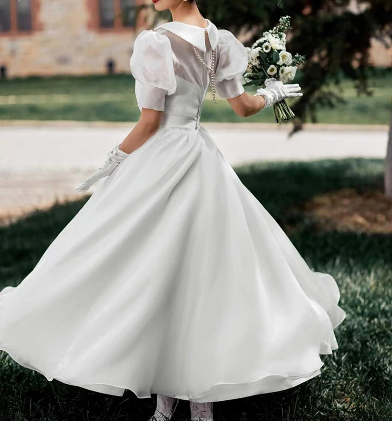 Organza Kurze Bischof Ärmeln Hochzeit Kleider Bodenlangen Maß Vintage Einfache Günstige Tasten Transparent Zurück Brautkleid