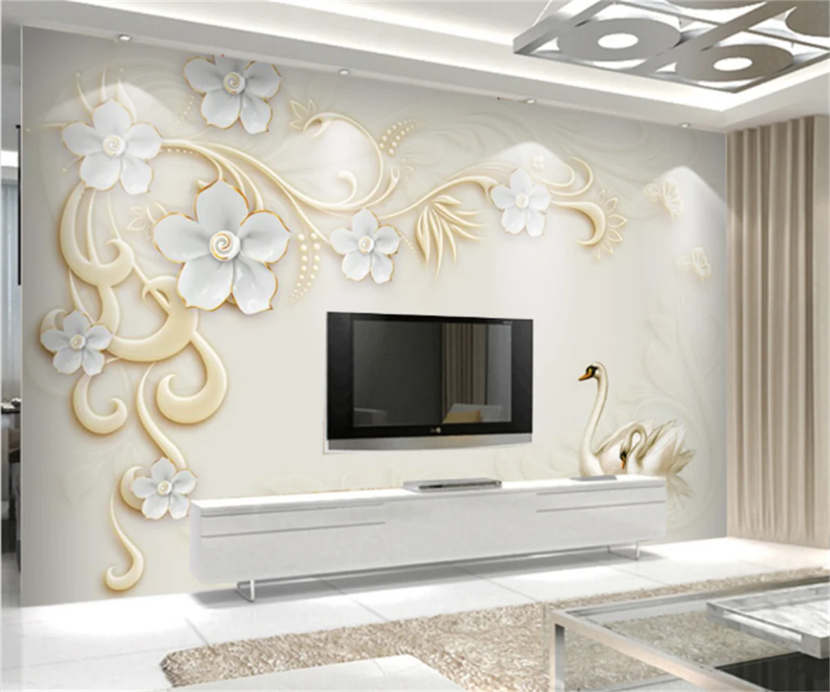 

European pattern 3D swan Jane Ou Suya flower jade carving background wallpaper furniture decoration custom photo mural wallpaper