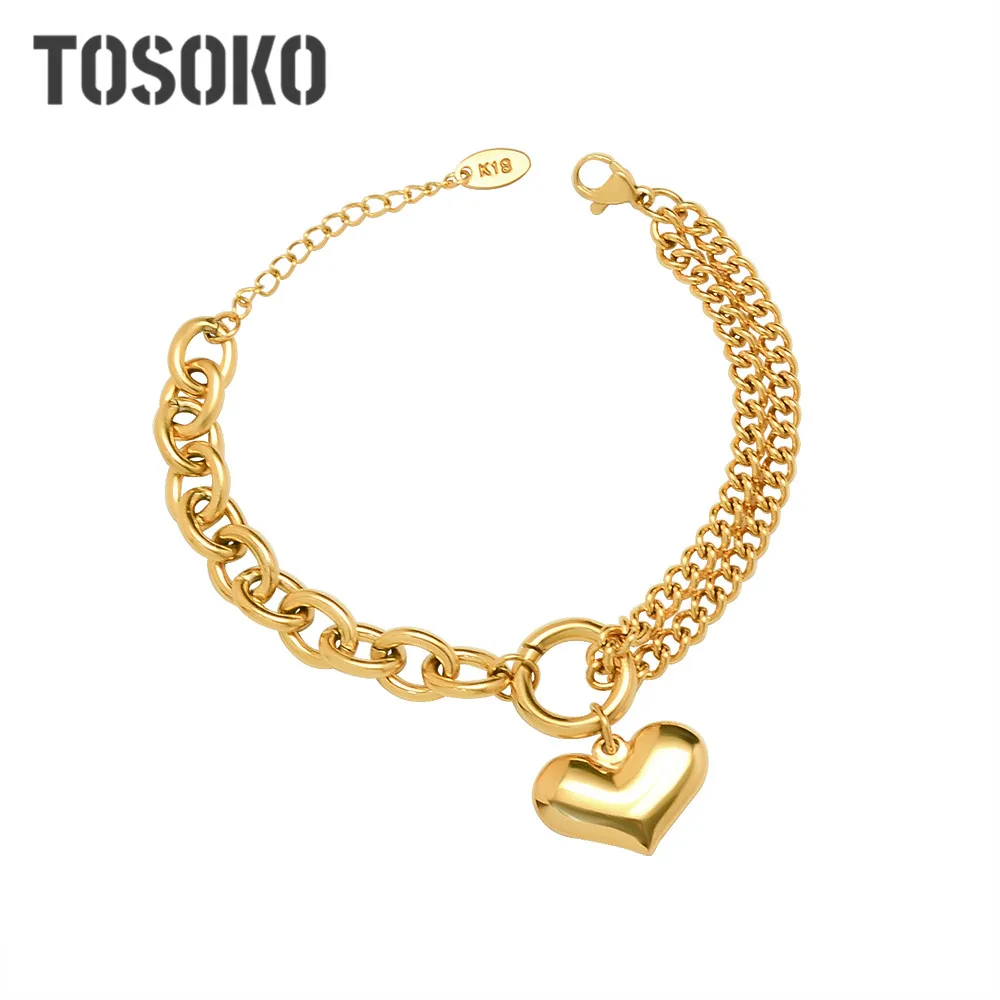 TOSOKO gioielli in acciaio inossidabile bracciale amore ruvido catena a maglie intrecciate bracciale doppio strato moda donna BSE120