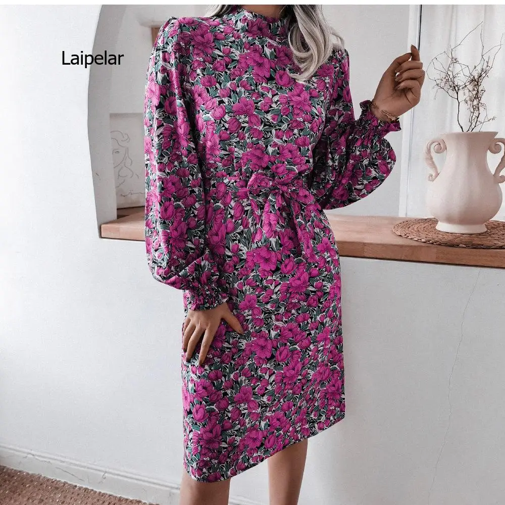 Autumn Spring Women Dress Fashion Stand-up Collar Floral Print Lantern Sleeve Beach Dresses Elegant Office Casual Dress Femme