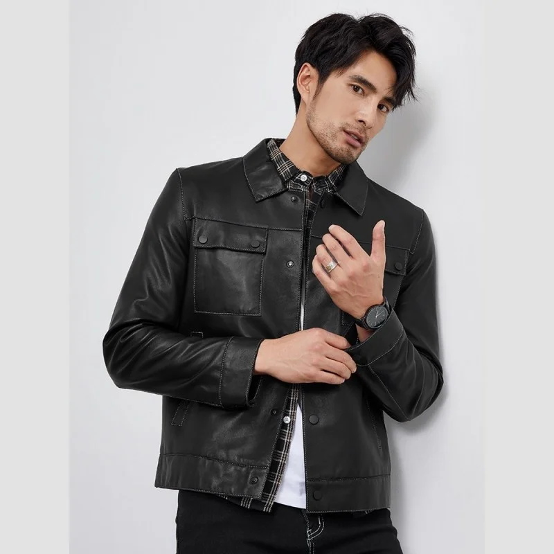 Casual Men Genuine Leather Cargo Jacket High Quality Business Office Sheepskin Coat Street Style Single Breasted Slim Jackets