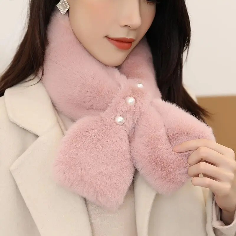 Korean Women Pearl Solid Color Winter Thicken White Cross Warm Scarf Cute Girl Faux Rabbit Fur Collar Neck Guard Plush Scarve T6