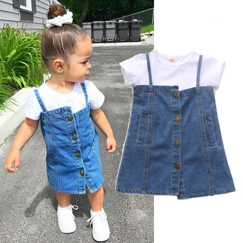 

Girls Dresses 2020 Summer Girls Cotton White Short-sleeved Irregular Denim Suspender Dress Princess Children Kids Clothes Girls