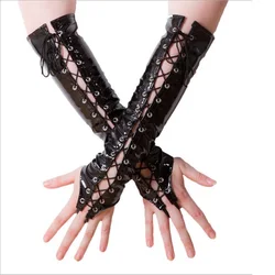 Ladies PVC Lace Up Long Fingerless Gloves Women Pole Dance Elbow Length Gloves Red Black Shiny Wetlook Vinyl Leather Gloves