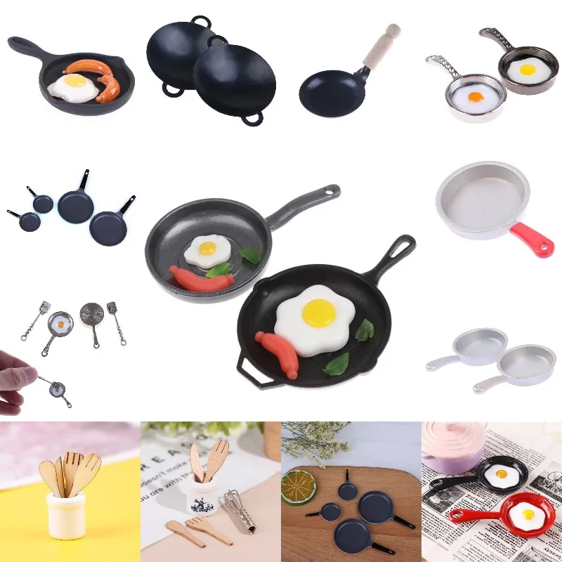 

1:12 Dollhouse Miniature Egg Sausage Frying Pan Fryer Set Egg Beater Spatula Fork Whisk Jar Set Kitchen Accessories Toys Deco