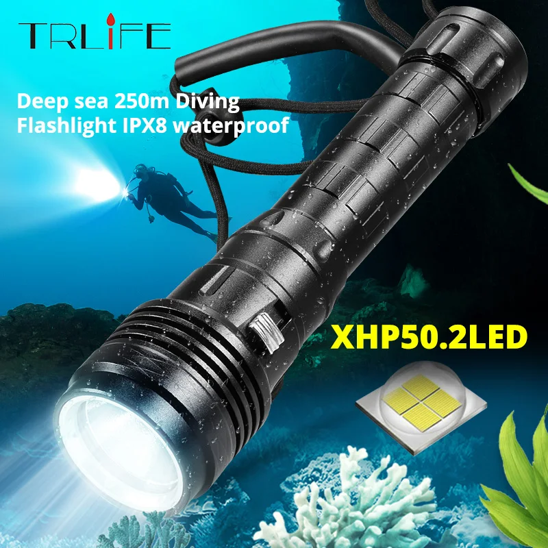 XHP50.2 Powerful LED Scuba Diving Flashlight Brightest XHP50 Underwater 250M Torch IPX8 Waterproof 3T6 Dive Lamp Lantern 50W