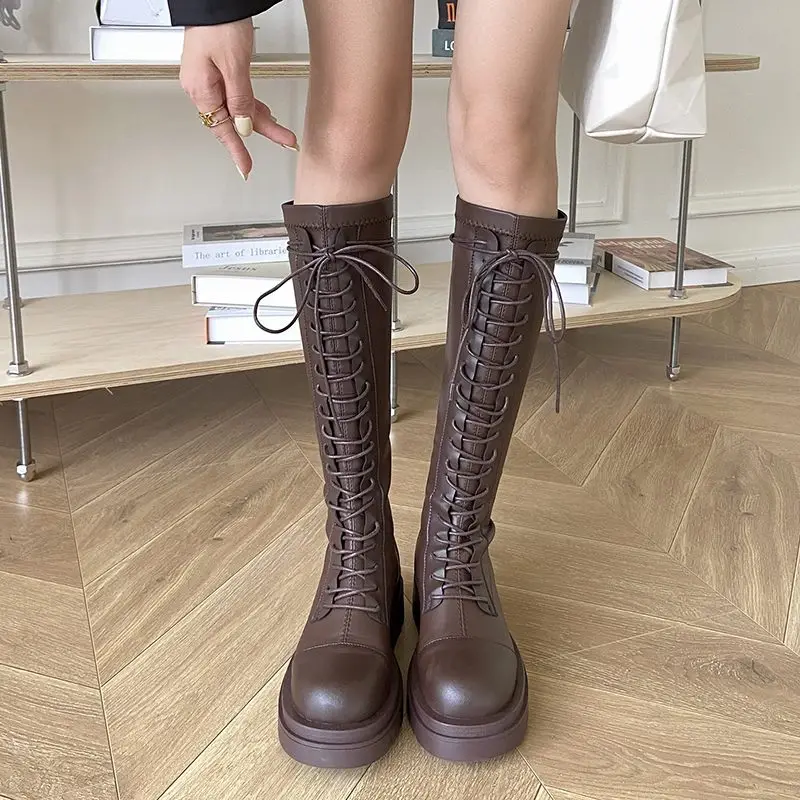 MORAZORA Plus Size 34-43 New Women Boots Lace Up Knee High Boots Thick Fur Platform Winter Snow Boots Chunky Ladies Shoes