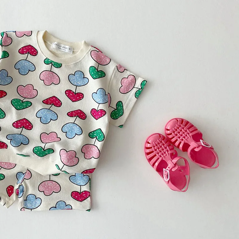 New Kids Baby Cute Balloon Print Clothing Sets Girls Boys Cotton Short Sleeve Sweatshirts Set Children Sport Shorts Suit