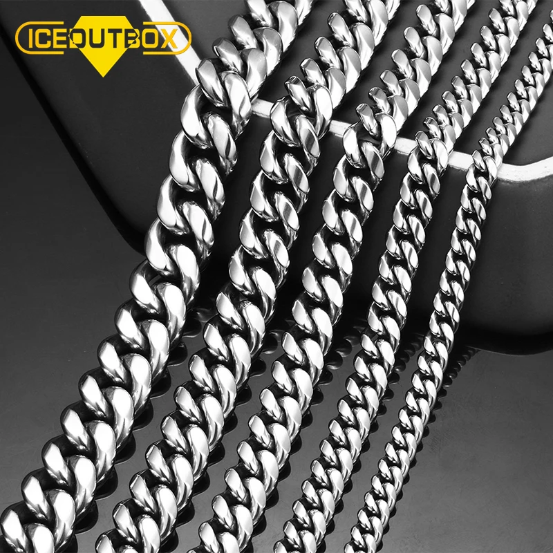 ICEOUTBOX Men\'s Cuban Link Chain Stainless Steel Necklace Curb Cuban Link Chain Chokers For Men\'s Hip Hop Jewelry 6/8/10/12mm