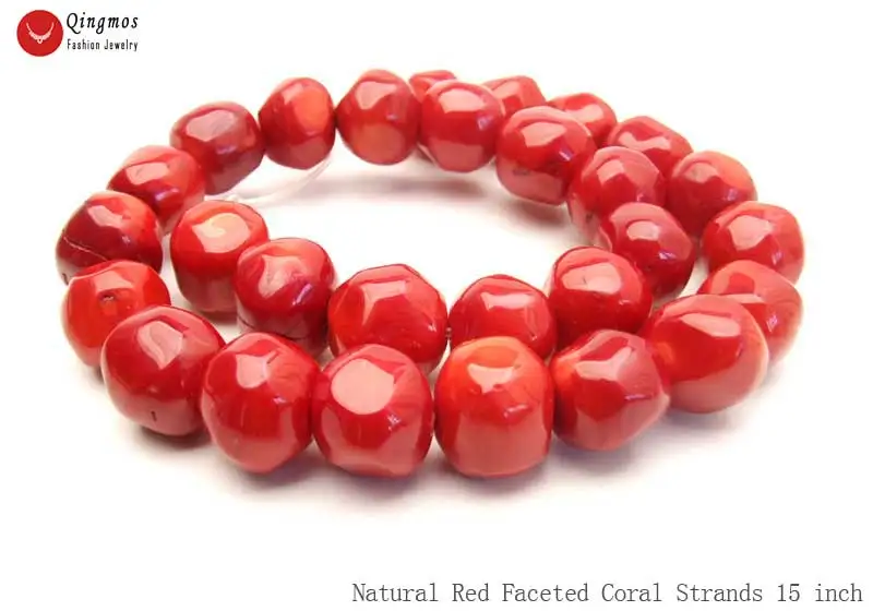 Qingmos 14-16mm Round Faceted Natural Red Coral Loose Beads for Jewelry Making DIY Necklace Bracelet Earring Strand 15