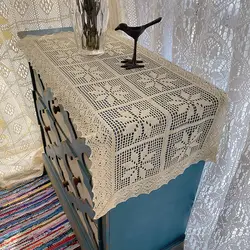 Crochet Cotton Linen Blending Table Runner Retro Style Cotton Woven Lace Edge Tablecloth Side Table Table Cover Cabinet Cover