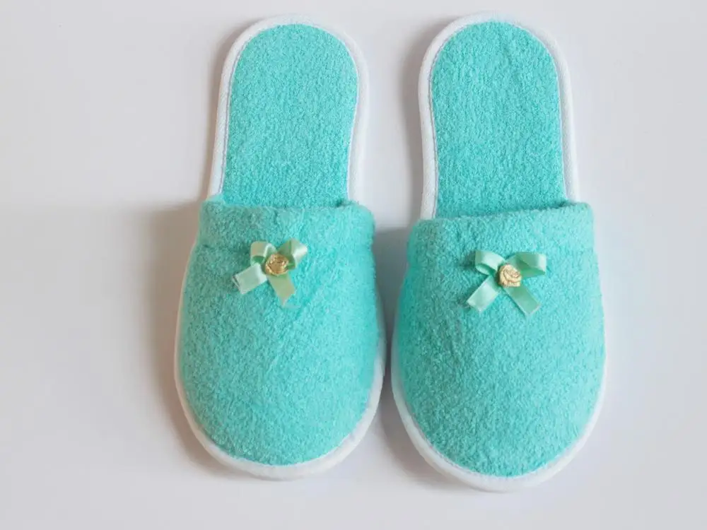 Gold rose ribbons decorated slippers mint green home slippers, gold color slippers