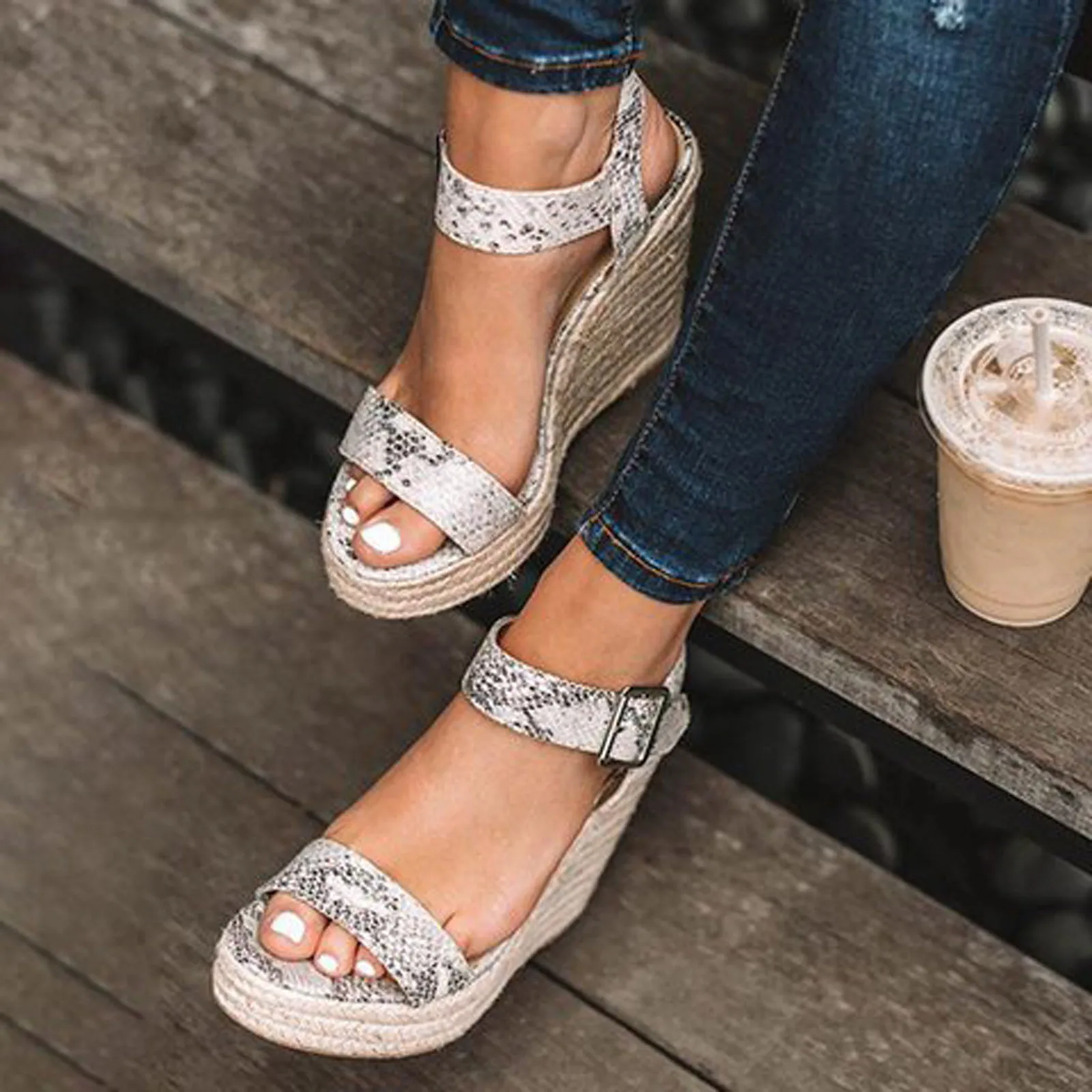 Women Sandals Summer Large Size Wedge Buckle Belt Open Toe Slope Heel Weaving Sandals Breathable Summer Beach Shoes Mujer 2021