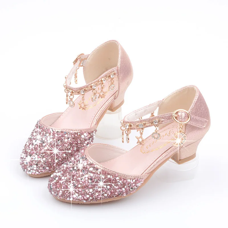 Children High Heel Princess Kids Leather Shoes Summer New Girls Sandals Flower Casual Glitter Crystal Student Party Banquet Shoe