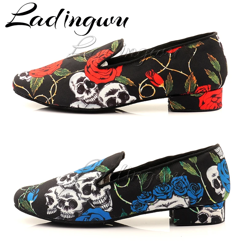 Ladingwu Men\'s Dance Shoes Latin Professional Sneakers Ballroom Dance Shoes Holloween Skull Denim Doodle Men Tango Salsa Dance