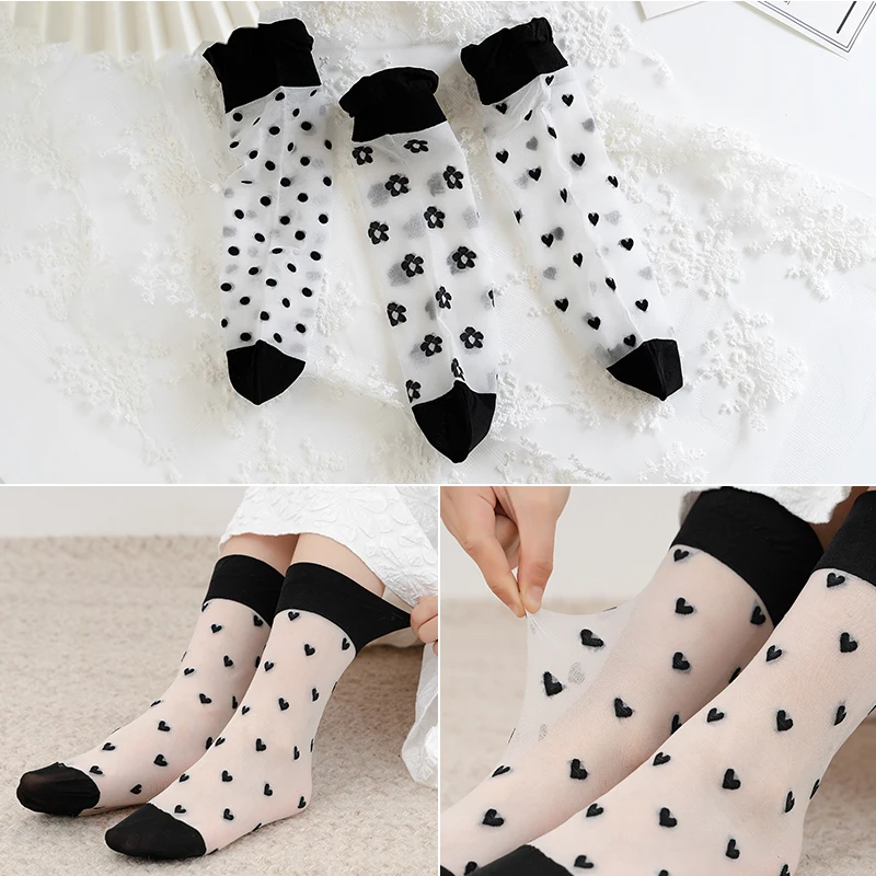 

Summer black and white love flower tube socks girls breathable cotton mosquito socks baby over-the-knee ultra-thin stockings