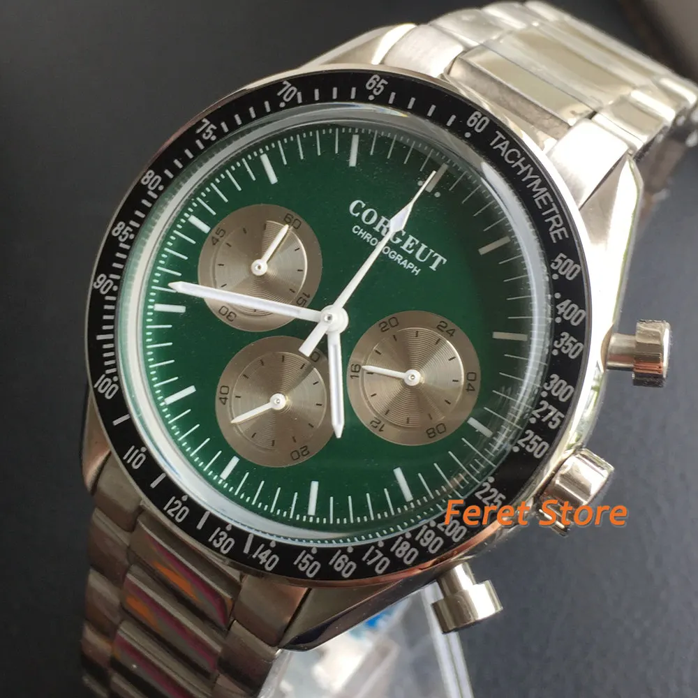

Corgeut New 40mm Green Men's Watch Stainless steel case Multi-Function Japanese Quartz movemen Chronograph Top Fashion Watch