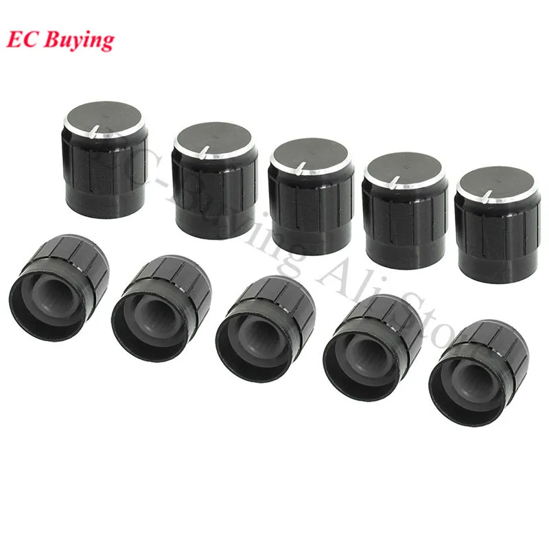 10 sztuk/5 sztuk czarny 6mm pokrętła potencjometru czapki wał radełkowany pokrętło sterujące potencjometru średnica 15mm x 17mm aluminiowe pokrętło przełącznika