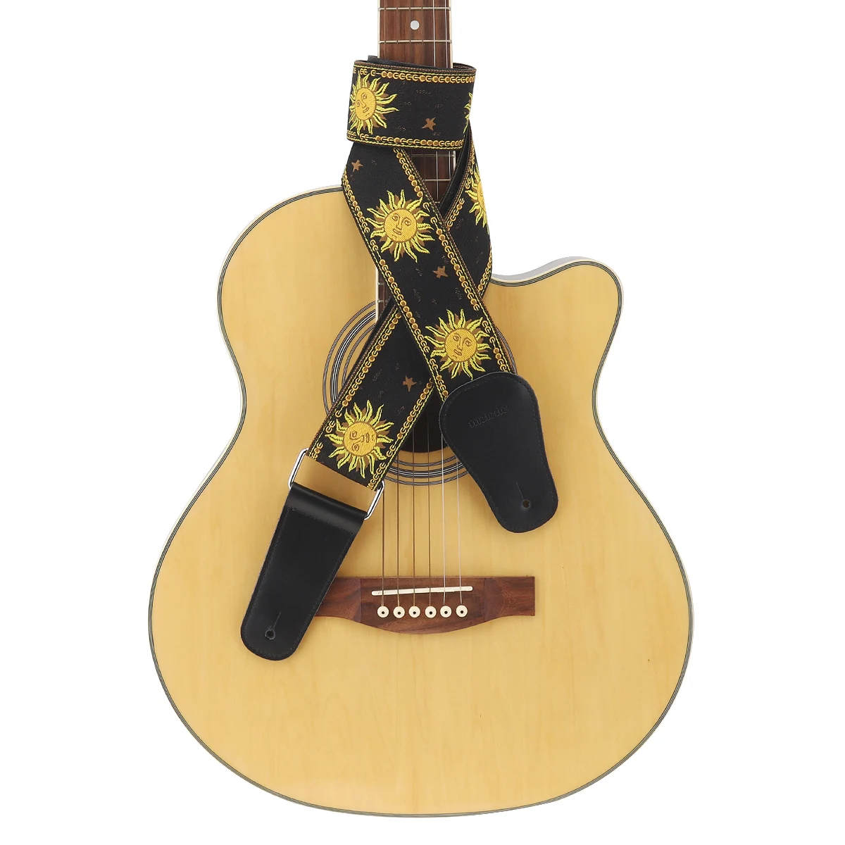 Jacquard Weave Duplo Tecido Guitar Strap, Sun Flower Pattern, couro genuíno termina com para baixo elétrico acústico