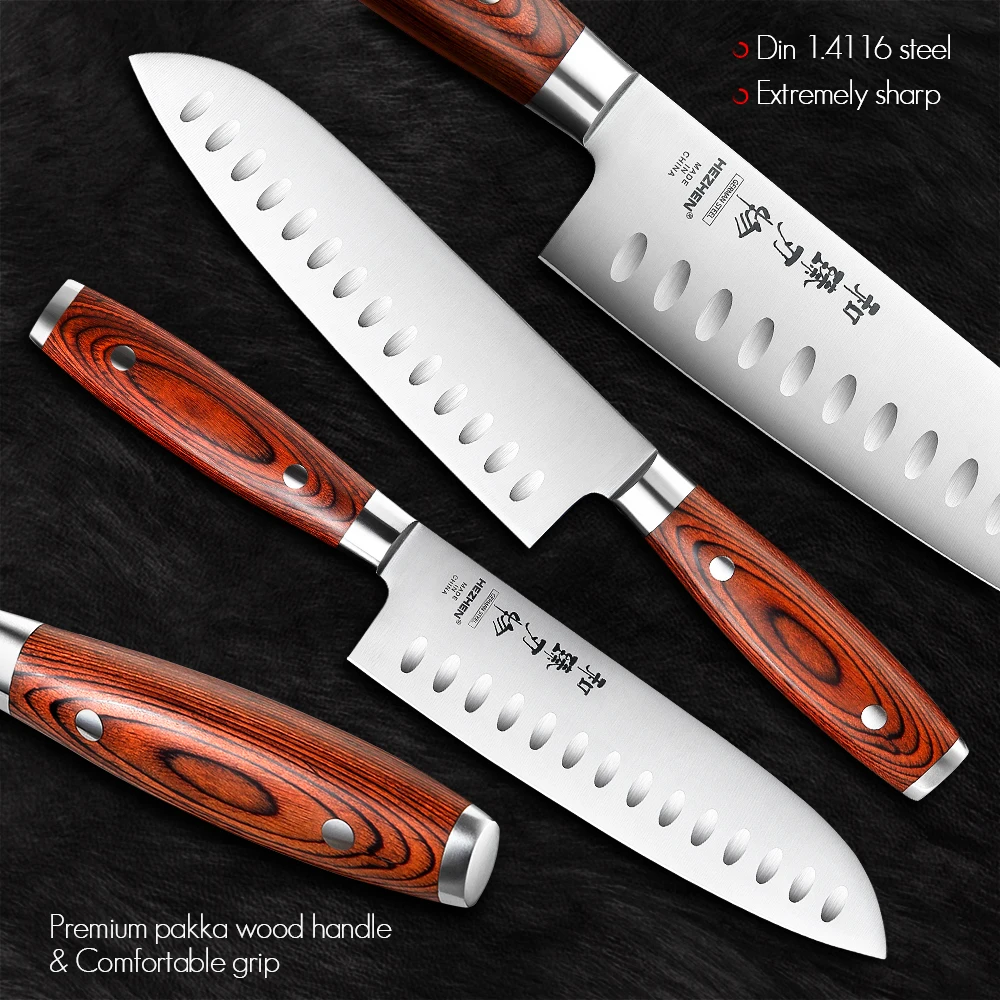 HEZHEN 1-6PC zestaw noży rzeźba kucharz chleb Santoku narzędzie Paring drewno Pakka uchwyt i nit ze stali nierdzewnej narzędzia kuchenne