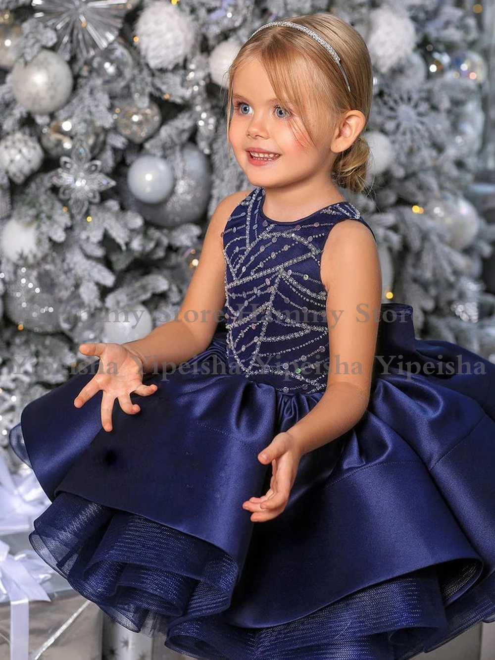 เด็ก Navy ดอกไม้ชุดสาวประกาย Beading Sequined ประกวดชุด Ruffles ซาติน Christmas Party Gowns สำหรับวันเกิด