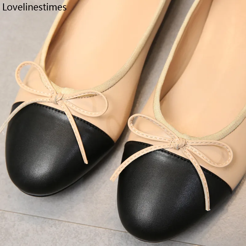 Shoes Ballet Flats Shoes For Women 2024 Trend Two Color Splicing Leather Tweed Ballet Women Bow Classic Ballet Flats Woman Shoes