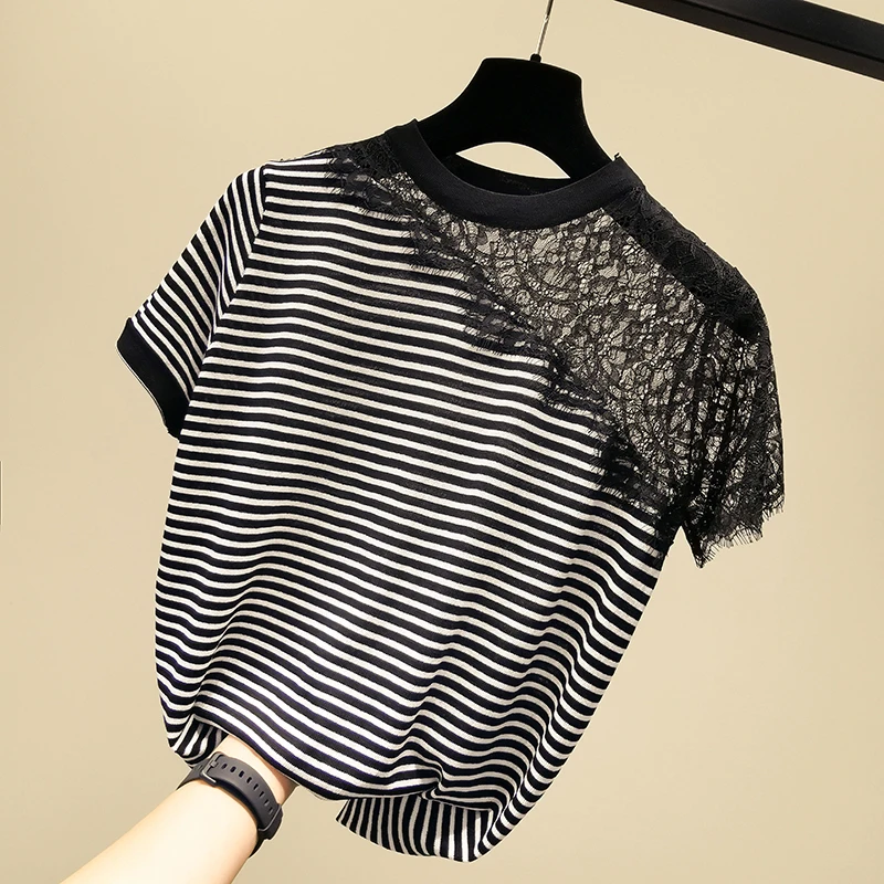shintimes Lace Tshirt Women Hollow Out Black Striped Short Sleeve T Shirt Woman Clothes Knitted 2024 Summer Tops Tee Shirt Femme