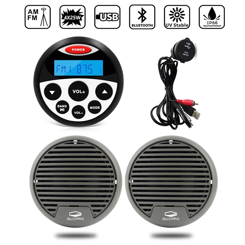 

Marine Radio Boat Stereo Receiver Bluetooth MP3 Player Sound System+3" Marine Waterproof Speaker+USB Audio Cable For RV UTV SPA