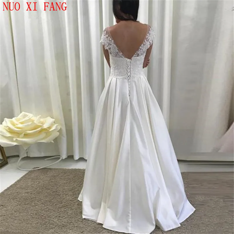 NUOXIFANG Vintage Satin Cheap A Line Cap Sleeve Lace Applique Wedding Dresses Boho Turkey Bridal Gown Vestidos De Novia