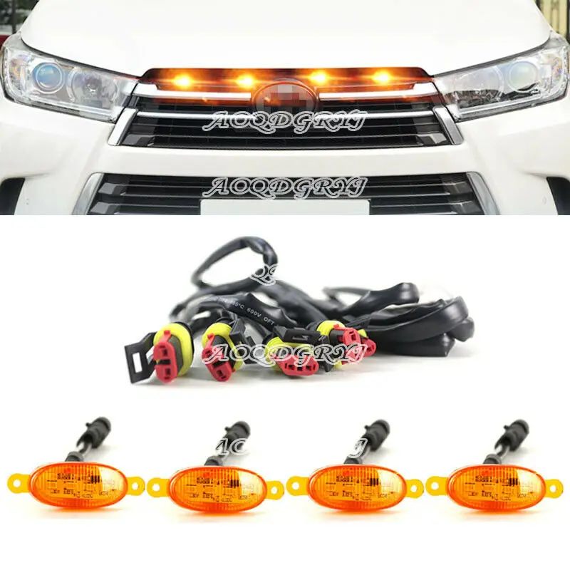 

4PCS LED Car Front Grille LED Amber Light Raptor Style Light Kit Decor W/ Wire Speed For Toyota Highlander 2017-2020