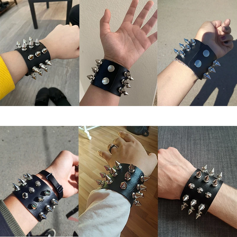 Punk Three Row Cuspidal Spikes Rivet Stud Wide Leather Cuff Bracelet Wristbands Rock Unisex Bangle Bracelets Gothic Men Jewelry