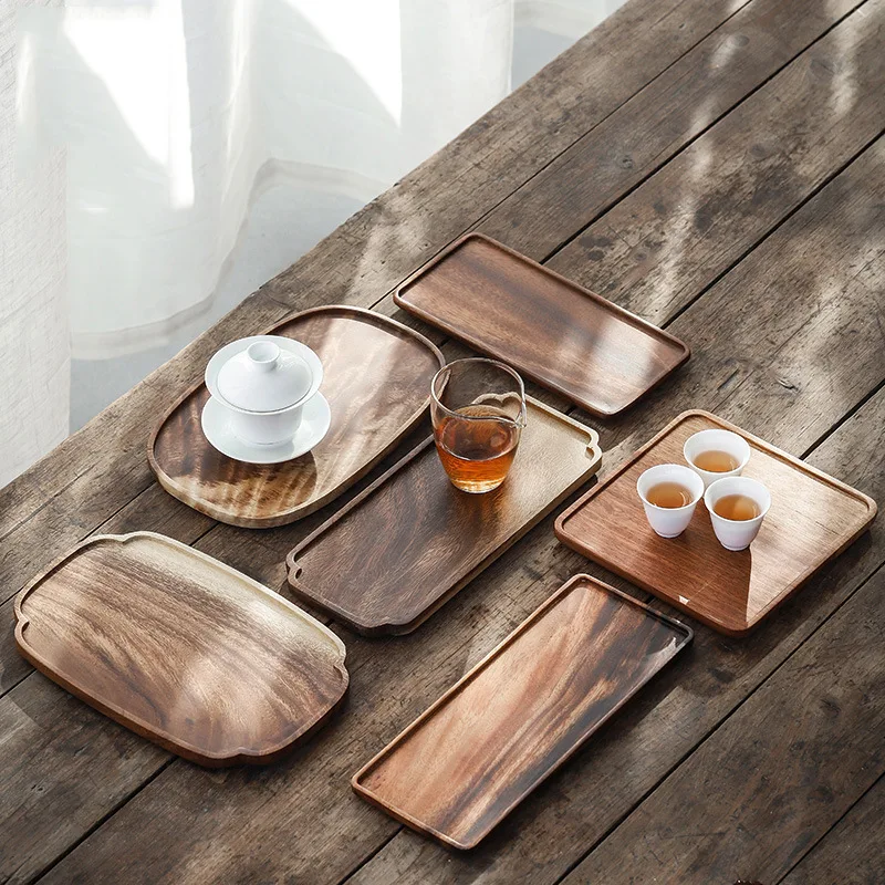 Amgo Wood Tea Tray Acacia Rectangle Coffee Serving Plate Wooden Fruit Snacks Saucer Dish Dessert Planter Holder Home Hotel