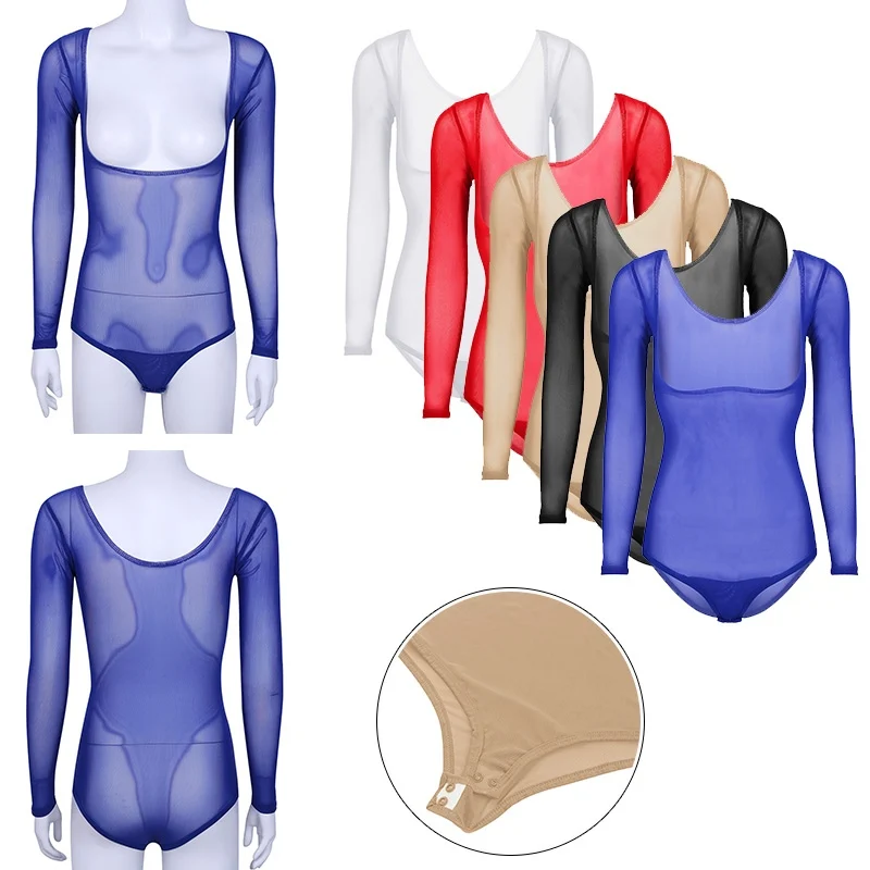 Women Solid Color Mesh Sheer Underbust Leotard Underwear Adult Belly Dance Costume Bodysuit Bodystocking Dancewear Undergarments