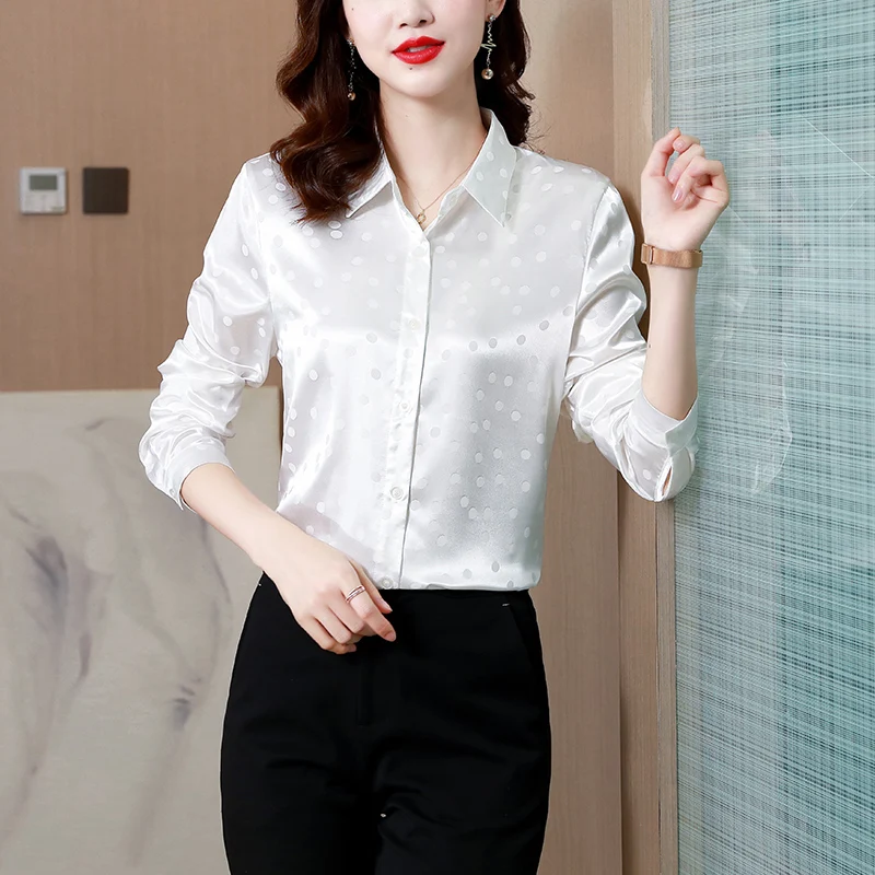 Polka Dot Satin Silk Blouse Women\'s Shirt Elegant Office Ladies Work Shirt Spring Autumn Long Sleeve Silk Tops Female Clothes