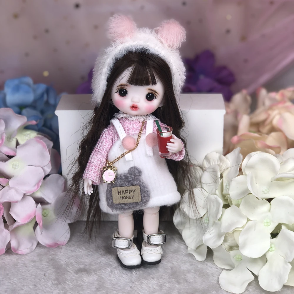 OB11 1/8 Scale 16CM BJD Doll Cute Delicate Face Up With Wig & Clothes Full Set Doll Obitsu11 Body Figure Children Model Toy Gift