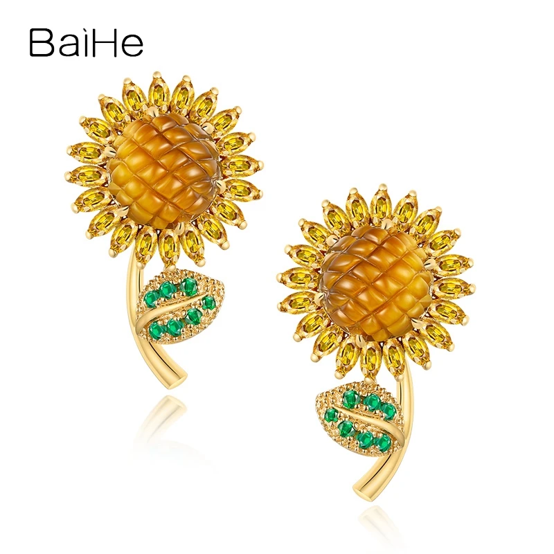 

BAIHE Solid 14K Yellow Gold Tiger's eye+Tsavorite Yellow Sapphire Sunflower Stud Earrings Women Fine Jewelry Solsikke ørestikker