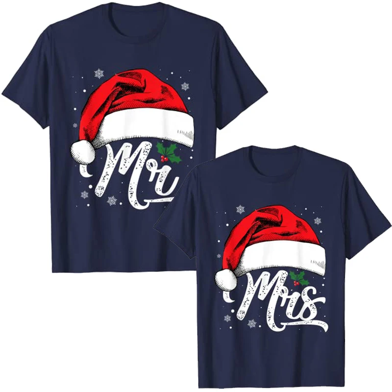 Mrs and Mr Santa Hat Christmas Couples Matching Pajamas Xmas T-Shirt Graphic Tee Tops