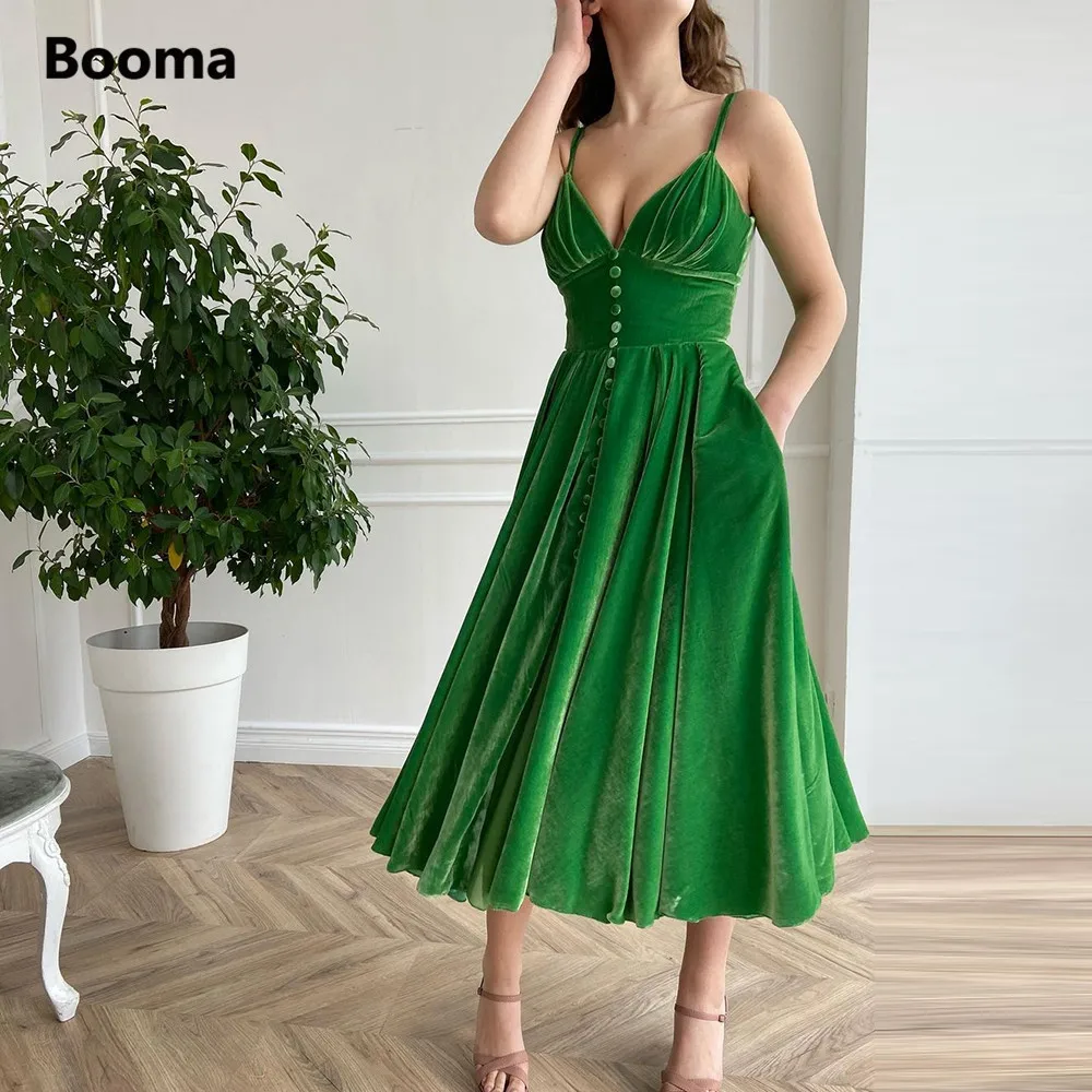 Booma Kelly Green Velvet Short Prom Dresses Spaghetti Straps Midi Velour Prom Gowns with Pockets Tea-Length Formal Party Gowns