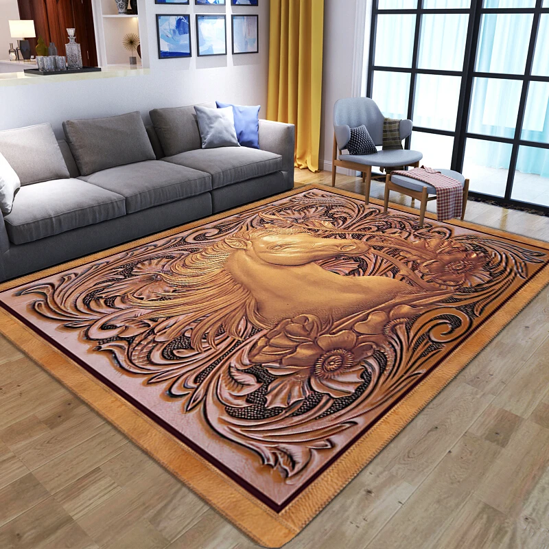 Classical horse Pattern Carpets 3D Wood carving Printed Carpet Living Room Soft Sponge Bathroom floor Mats Absorb Anti-slip rugs