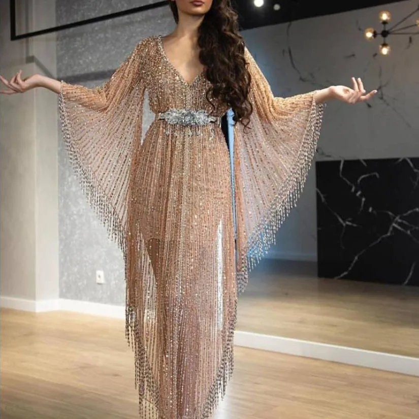 Luxury Beading Prom Dresses 2024 Fashion Robe De Soiree V Neck Turkey Arabic Long Evening Party Gowns Plus Size Formal Occasion