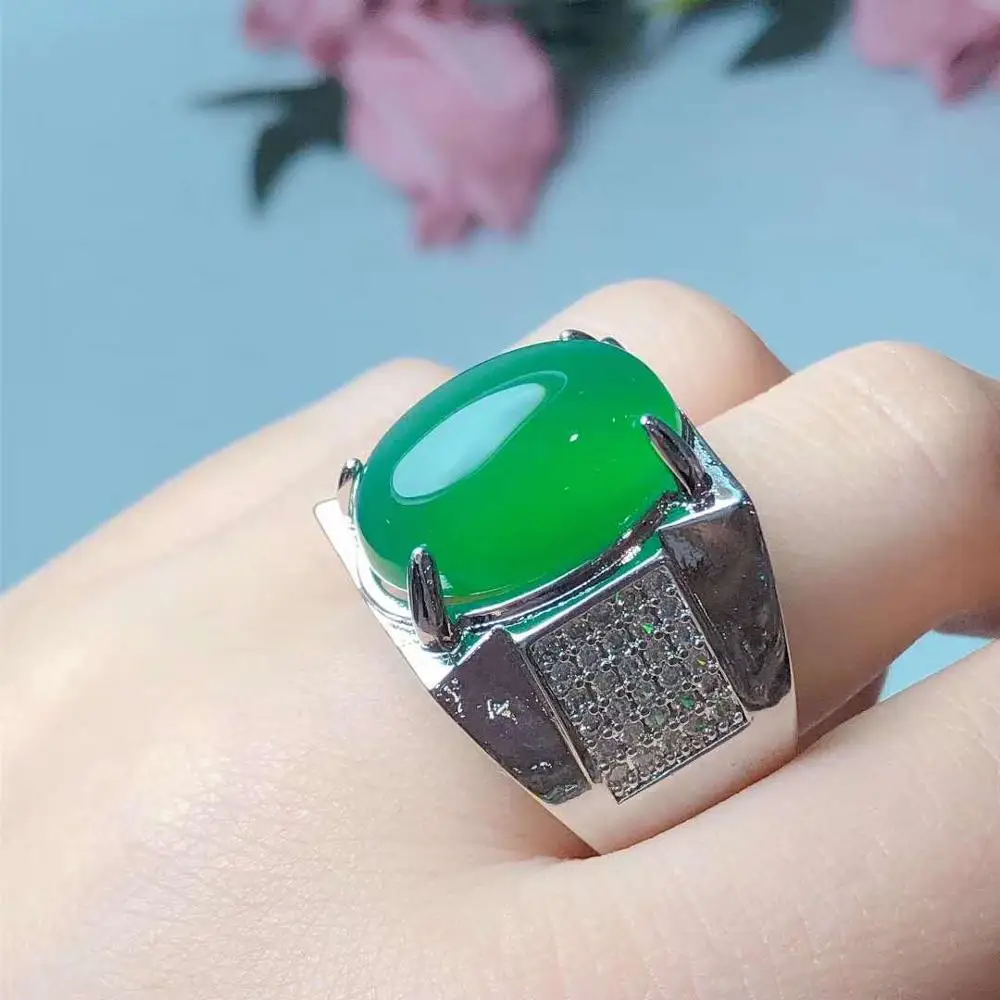 Natural Green  Jade 925 Silver Ring Chinese Jadeite Amulet Fashion Charm Jewelry Hand Carved Crafts Gifts for Women Men