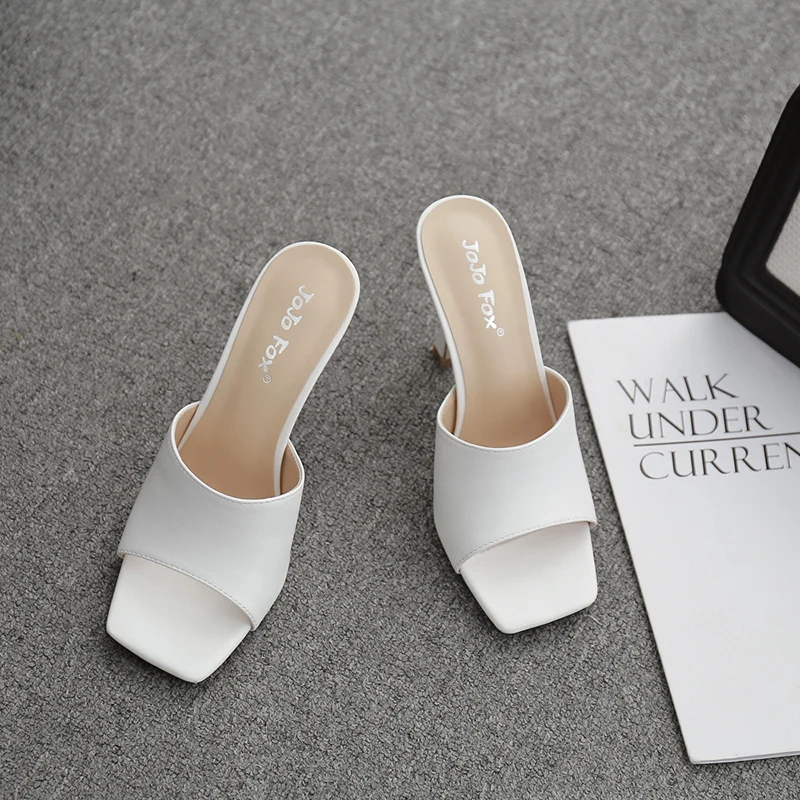 New 2020 Summer Women Slipper Square Toe Thin High Heel Ladies Sandal Mules High Quality Elegant Dress Shoes Slides