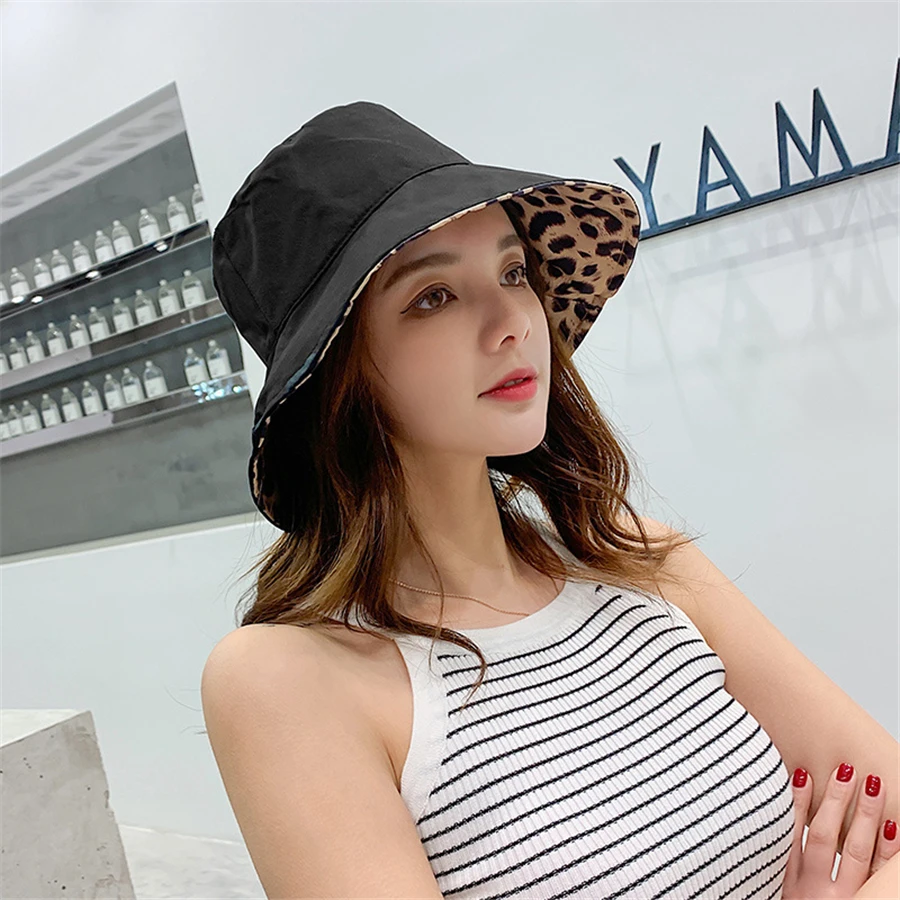 New Leopard Panama Hat Women Japanese Double-sided Sunshade Bucket Hats Female Sun Protection Sunscreen Caps Wholesale