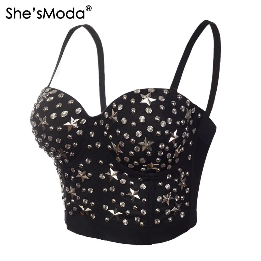 Imagem -03 - Shesmosmoda Estrela Rebites Bustier Push up Night Club Bralette Sutiã Floral Feminino Recortado Superior Colete Espartilho Tamanho Grande