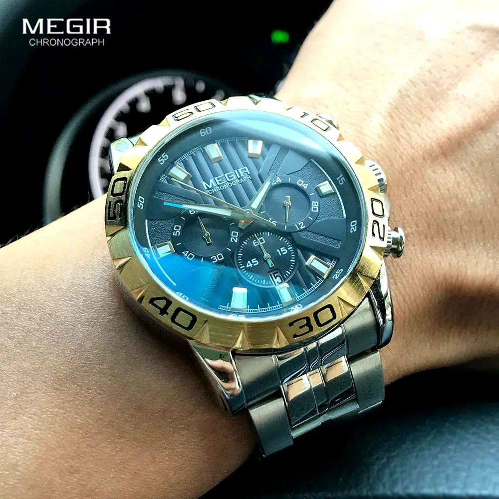 MEGIR Men\'s Business Chronograph Quartz Watches Waterproof Luminous Army Wristwatch Watch Man Relogios Masculino Clock 2087 Gold