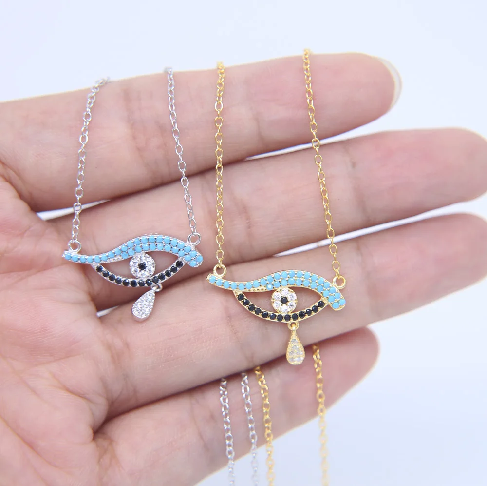 925 sterling silver new arrive pave clear blue black cz Danity delicate thin chain turkish evil eye charm drop silver necklace