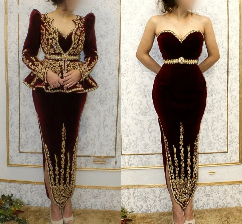 Karakou Algerian burgundy velvet evening dresses with long sleeve jacket gold embroidery customsized Mermaid prom dress robes