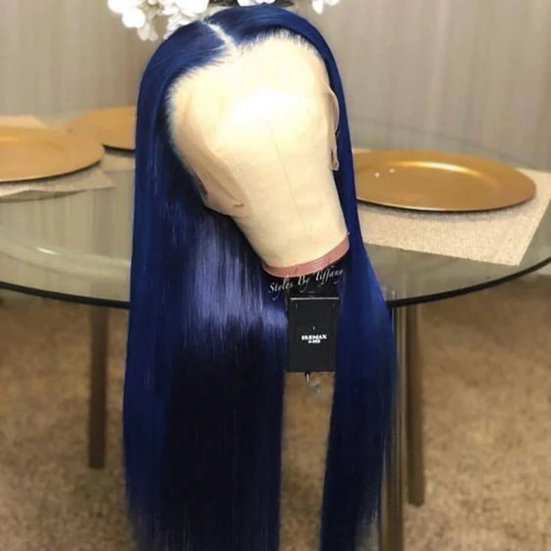 Blue 180% Density 26 Inch Long Straight Synthetic Lace Front Wig For Black Women Babyhair Preplucked  Daily Cosplay