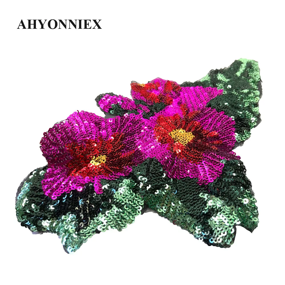 AHYONNIEX New Fashion Red Sequins Flower Patch DIY Applique Floral Patches For Clothing Bag Dress Sew On Patches 23.5cm x 16cm